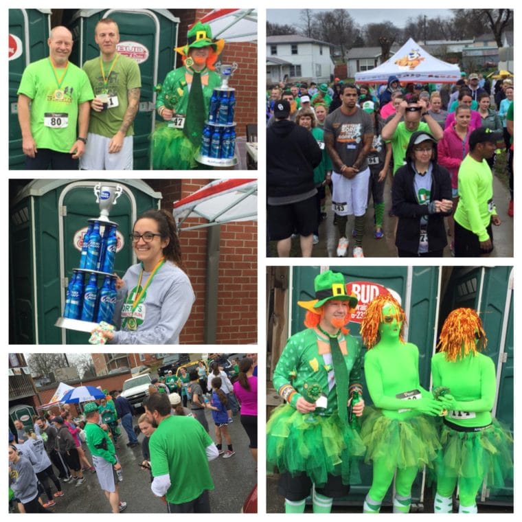 A collection of photos showing people participating in a St. Patrick's Day event