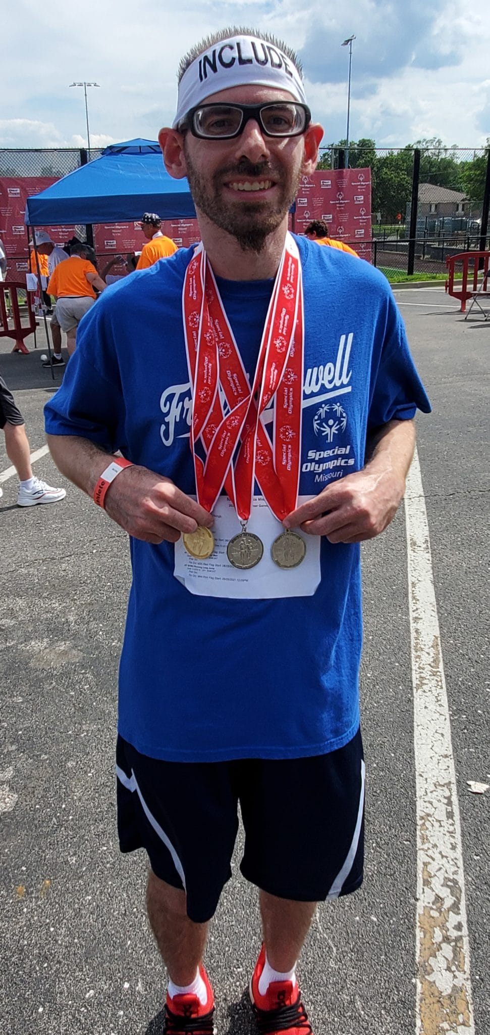 Brent Kampert, Special Olympics Missouri track and field athlete, shows the three medals - two gold and one silver - that he won at the 2021 State Summer Games in Columbia, Mo.