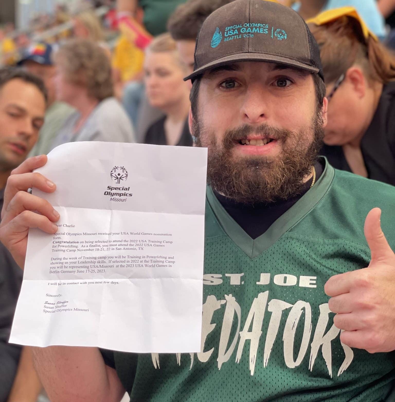 Charlie Phillips shows off his letter announcing his nomination to the 2023 Special Olympics World Games at Spratt Stadium in St. Joseph, Mo. on Thursday, Sept. 1, 2022