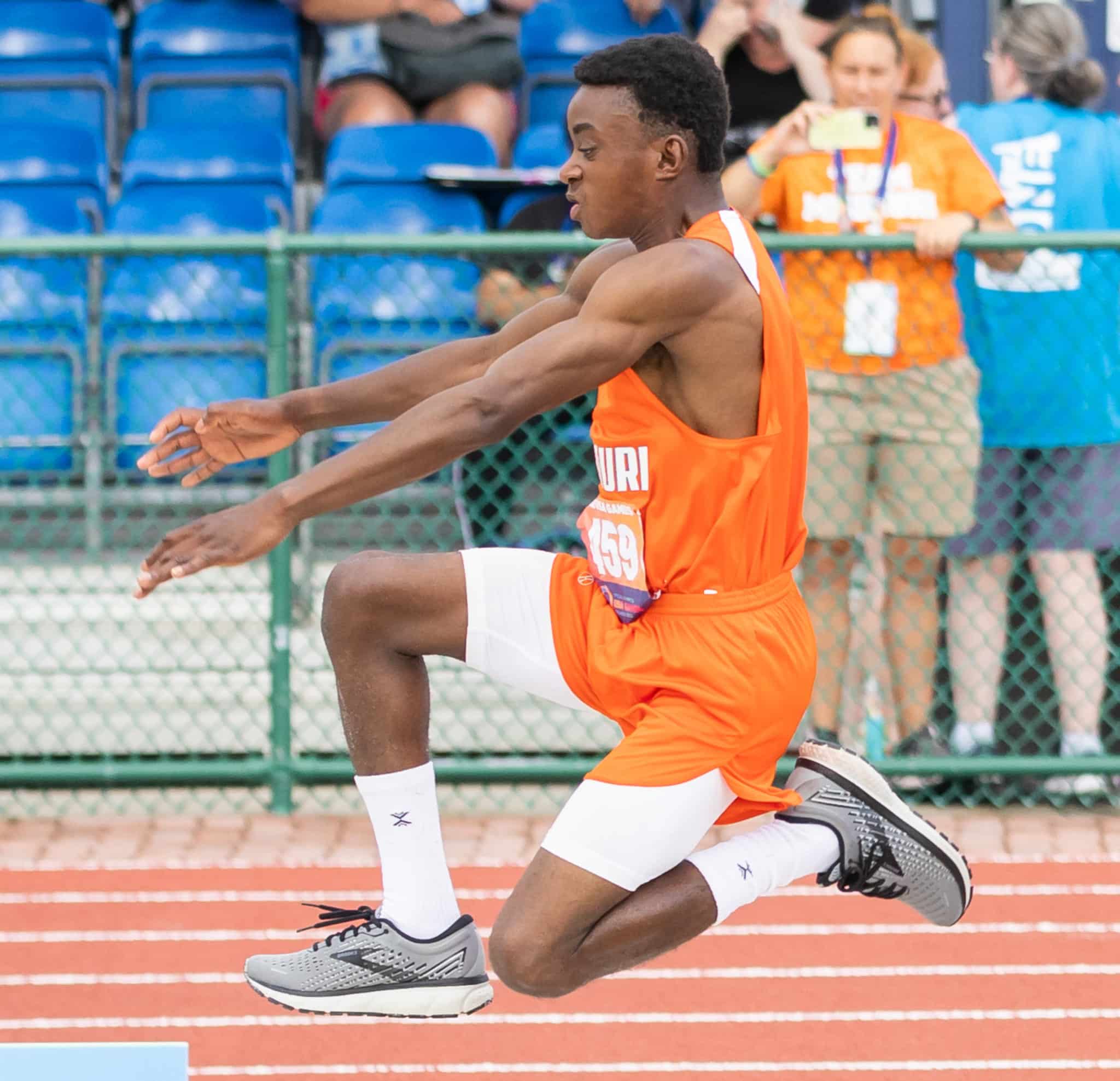 Special Olympics, USA Games, Athlete, Athletics, Jump, Action, Missouri, Male, Men's, Track, Long Jump, Distance