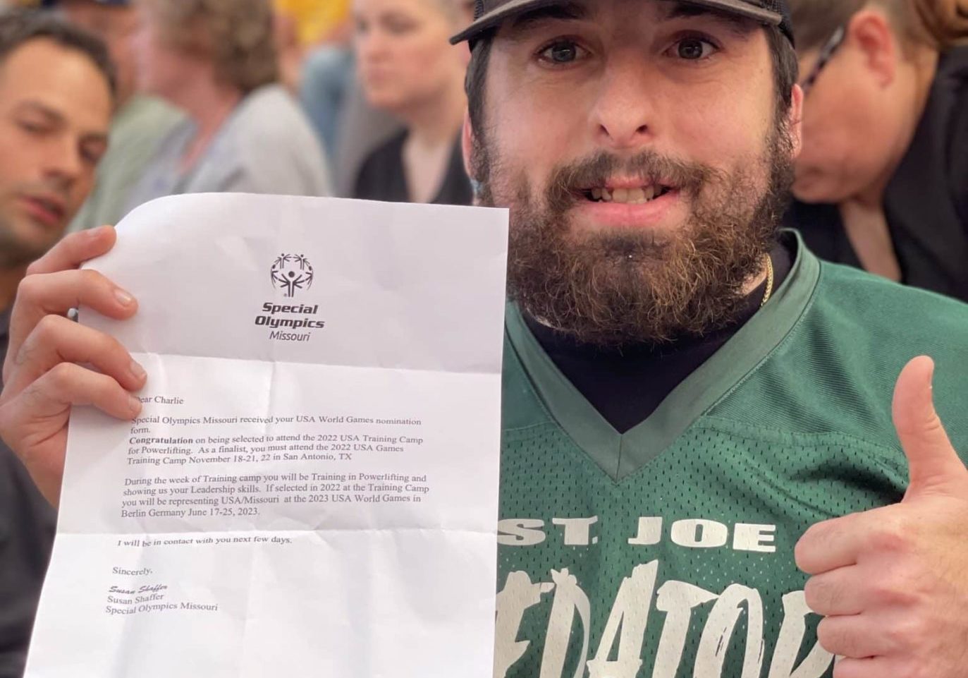 Charlie Phillips shows off his letter announcing his nomination to the 2023 Special Olympics World Games at Spratt Stadium in St. Joseph, Mo. on Thursday, Sept. 1, 2022
